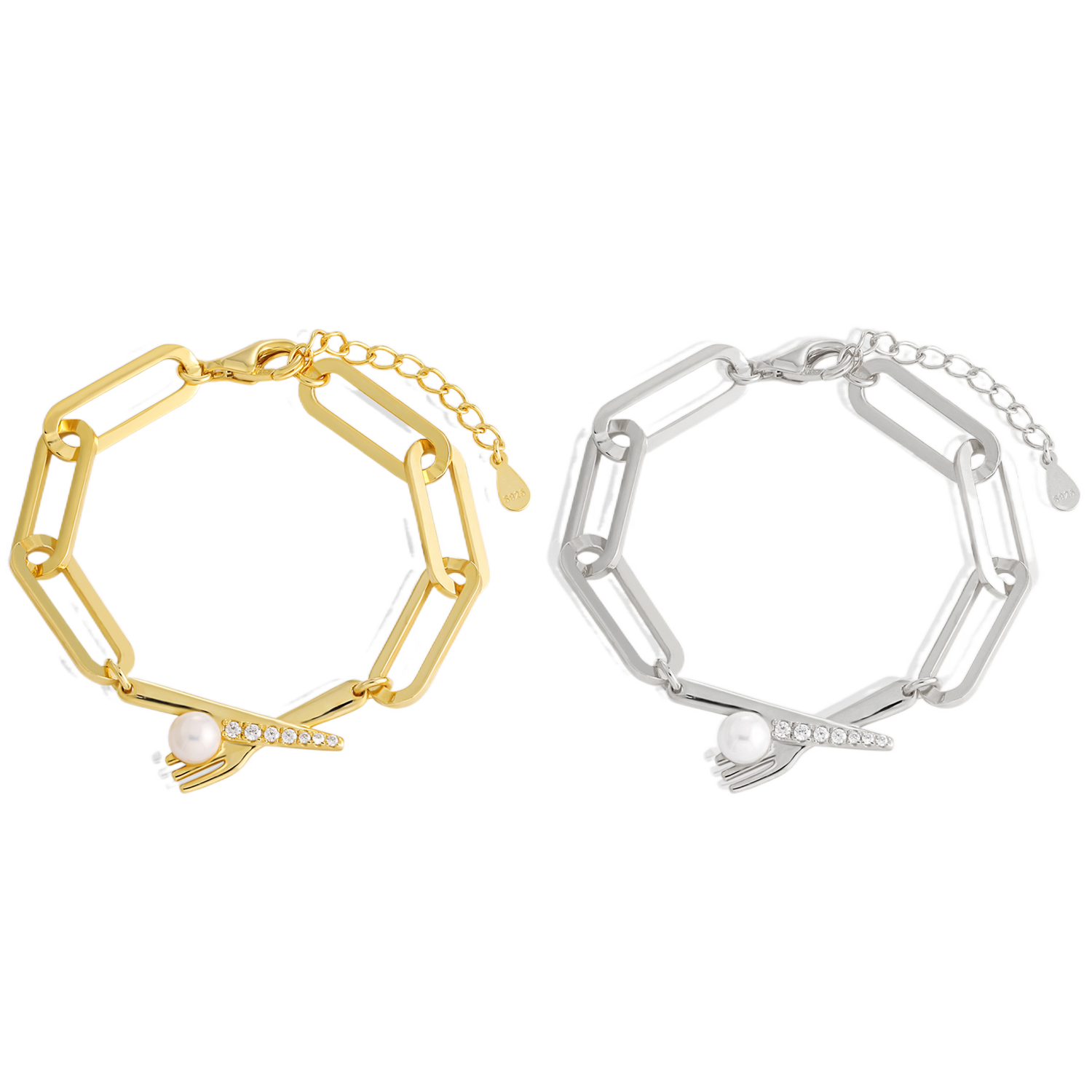 Fashion Natural Pearl Fork CZ Knift 925 Sterling Silver Hollow Chain Bracelet