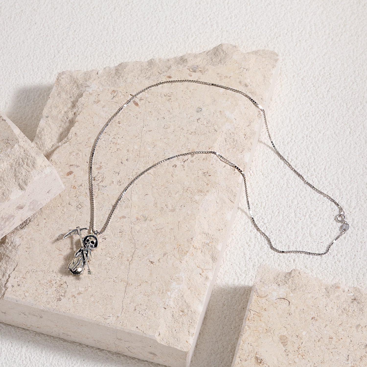 Vintage A Skeleton Holding A Sickle 925 Sterling Silver Necklace