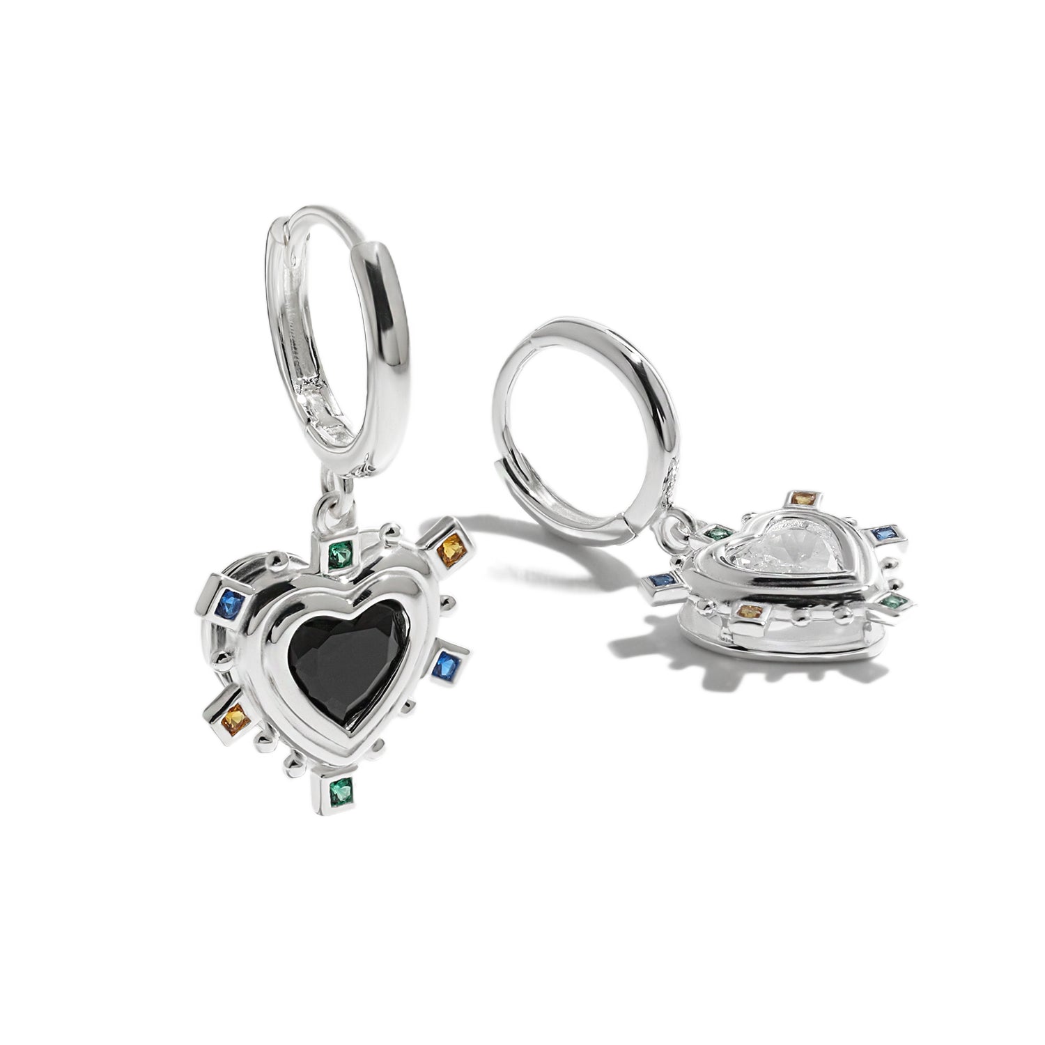 Fashion Black and white love heart CZ Colorful 925 Sterling Silver Dangling Earrings