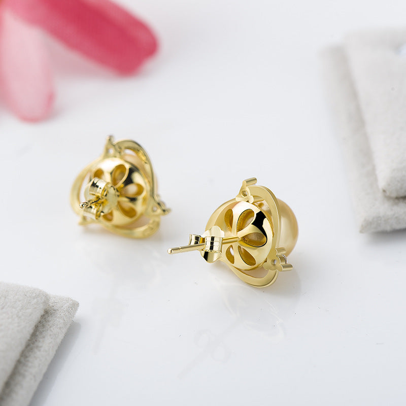 Triangle Round Shell Pearl Yellow Gold/White925 Sterling Silver Studs Earrings