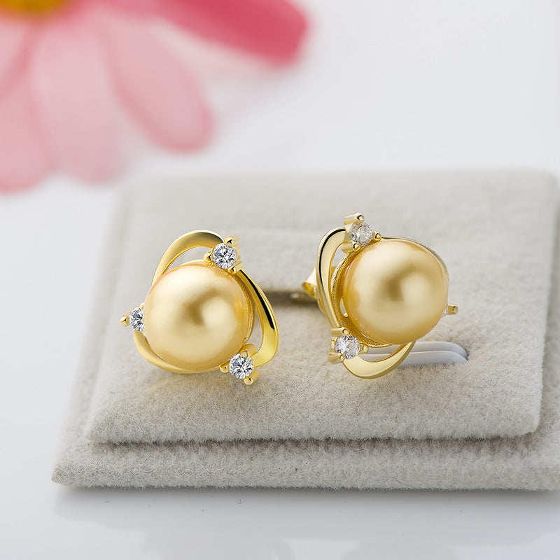 Triangle Round Shell Pearl Yellow Gold/White925 Sterling Silver Studs Earrings
