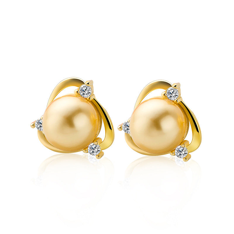 Triangle Round Shell Pearl Yellow Gold/White925 Sterling Silver Studs Earrings