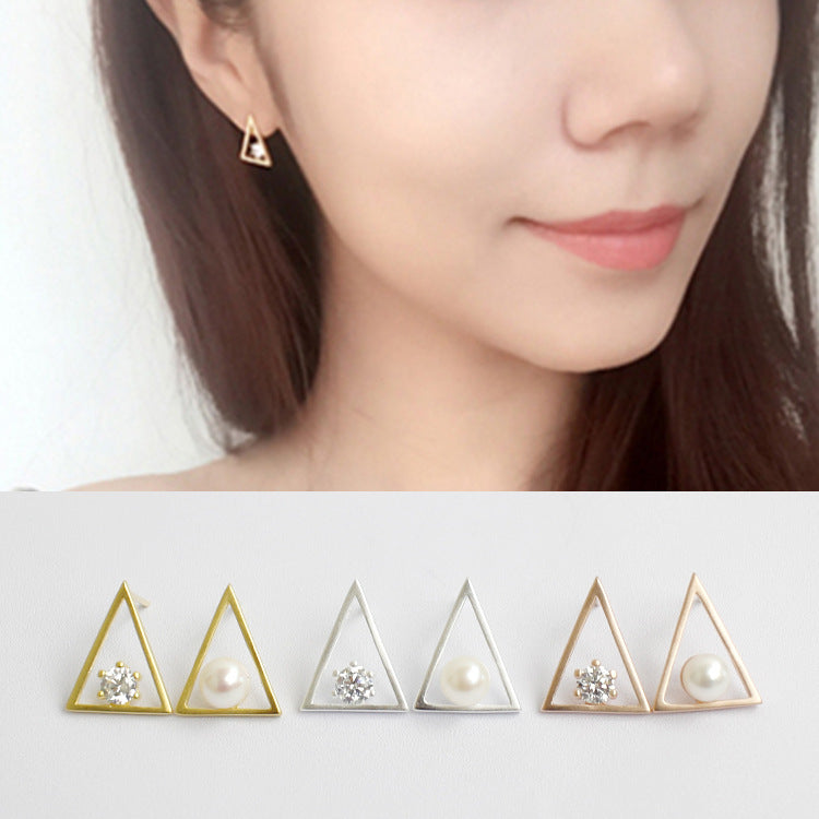 Triangle White CZ Natural Pearl 925 Sterling Silver Studs Asymmetry Earrings