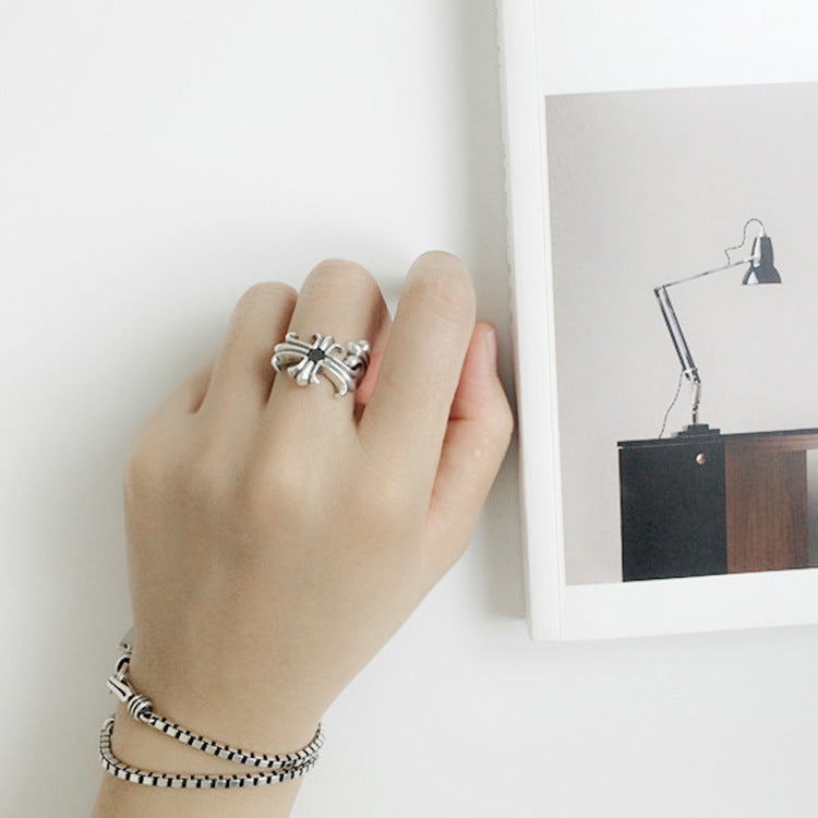 Vintage Black CZ Cross Flower 925 Sterling Silver Adjustable Ring