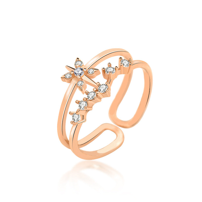 Fashion Double Layer CZ Stars River 925 Sterling Silver Adjustable Ring