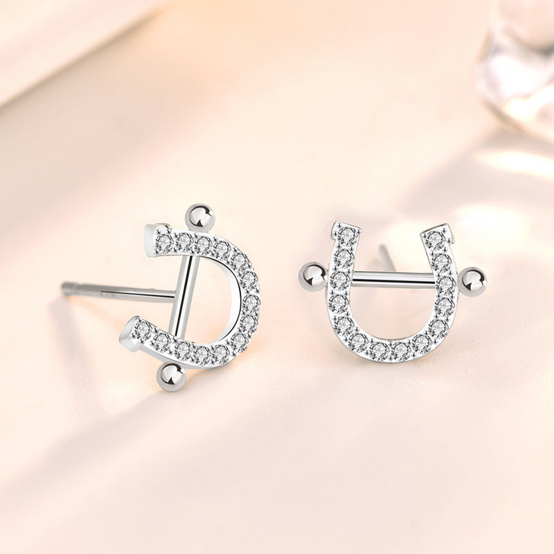 Hot CZ U Shape Horseshoe 925 Sterling Silver Stud Earrings