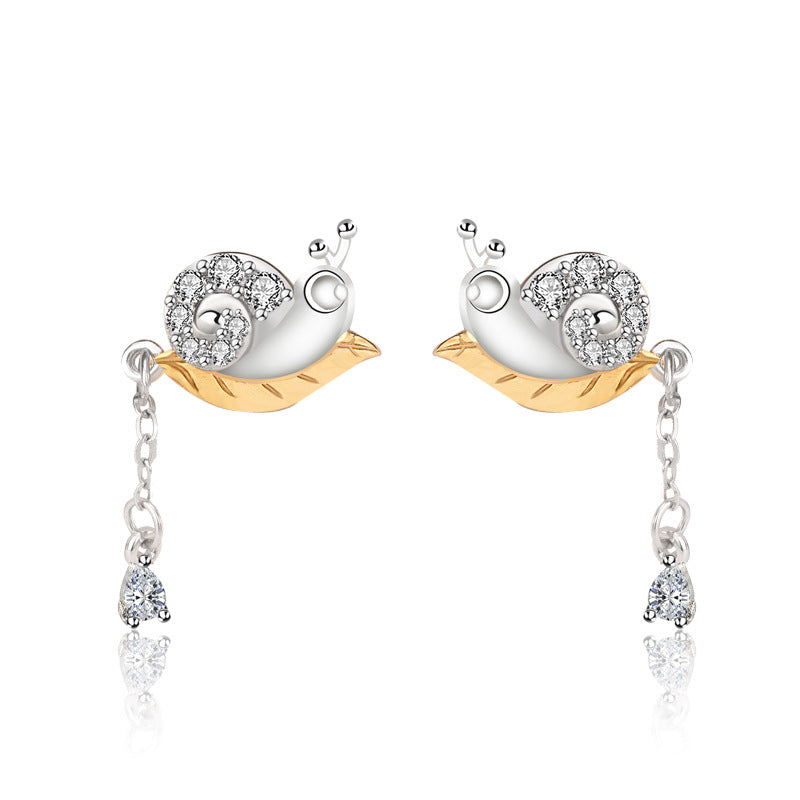 Cute CZ Animal Snail Tassels 925 Sterling Silver Dangling Earrings