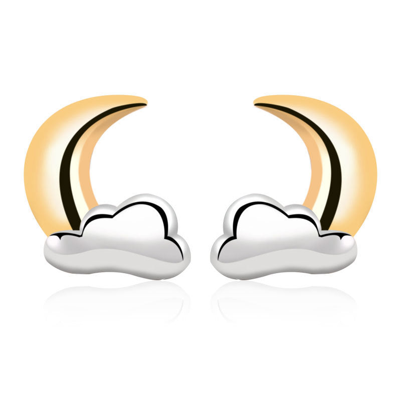 Cute Mini CZ Crescent Moon Cloud 925 Sterling Silver Stud Earrings