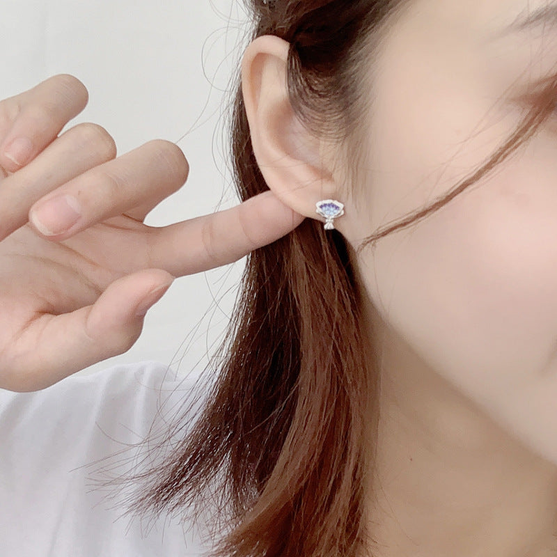 Women Blue CZ Rose Flower Bouquet 925 Sterling Silver Stud Earrings