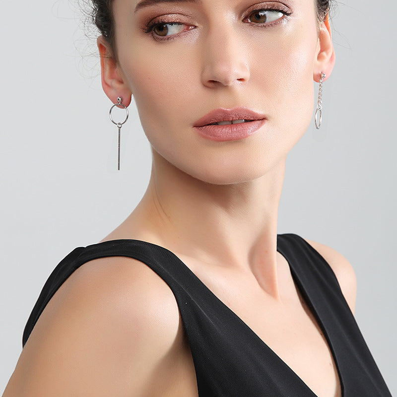 Asymmetry Tassel Chain Round 925 Sterling Silver Dangle Earrings