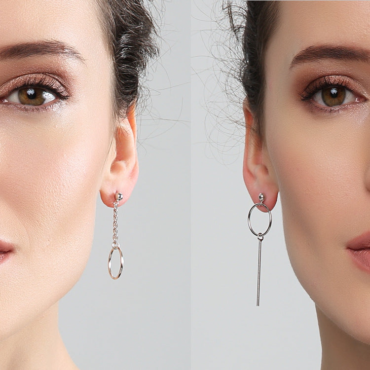 Asymmetry Tassel Chain Round 925 Sterling Silver Dangle Earrings