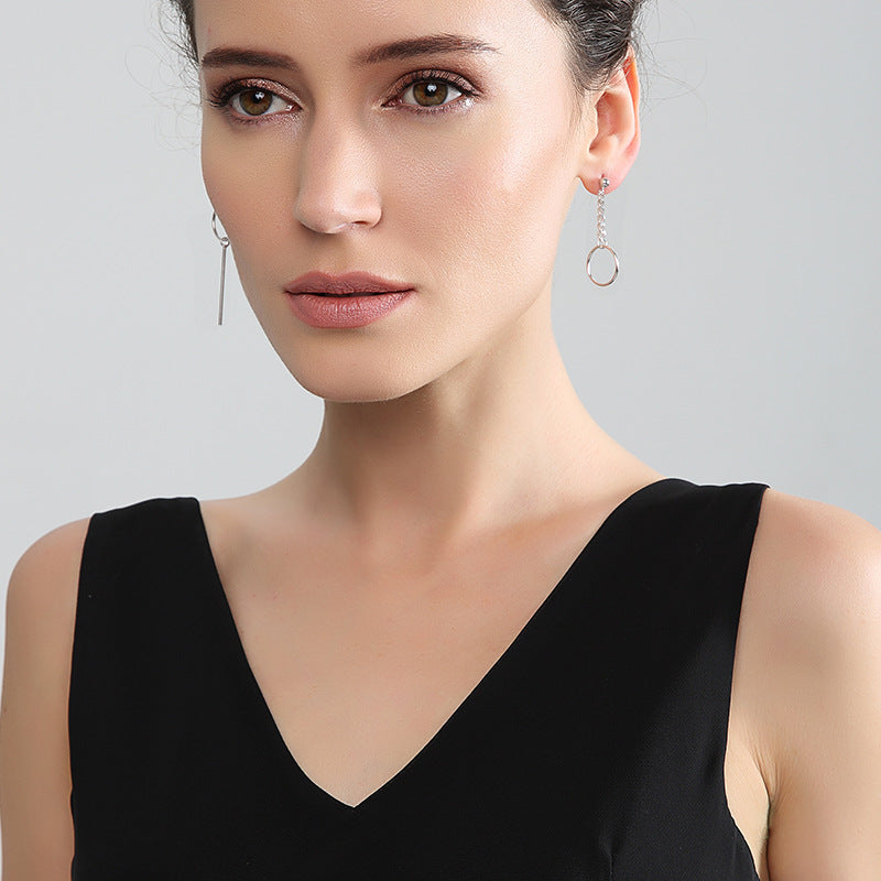 Asymmetry Tassel Chain Round 925 Sterling Silver Dangle Earrings