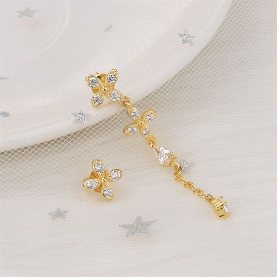 Asymmetry CZ Flowers 925 Sterling Silver Dangling Earrings