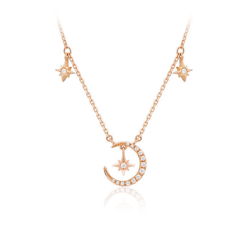 Modern CZ Crescent Moon Stars Sun 925 Sterling Silver Necklace