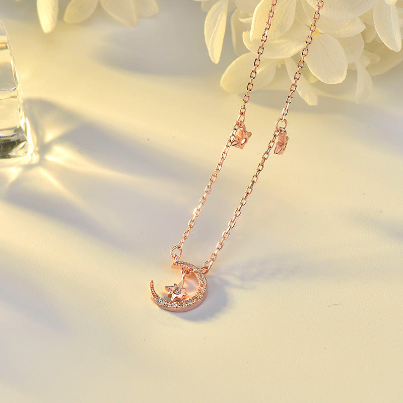 Modern CZ Crescent Moon Stars Sun 925 Sterling Silver Necklace