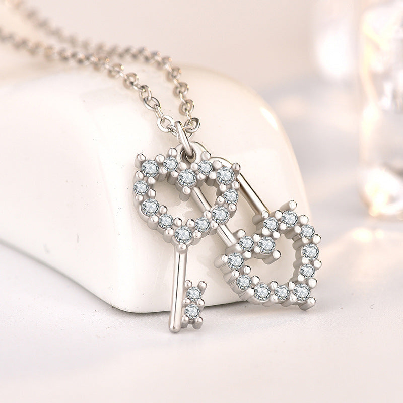 Honey Moon Hollow CZ Heart Key Lock 925 Sterling Silver Necklace