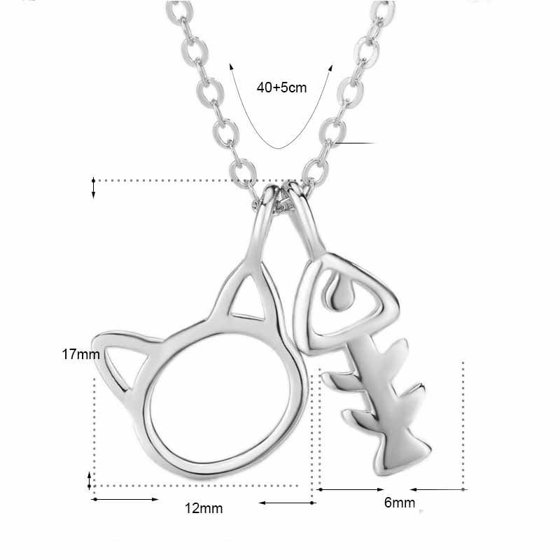 Cute Cat Head Fish Bone 925 Sterling Silver Necklace