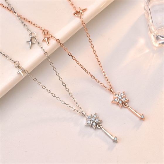 Party CZ Star Wishing Stick 925 Sterling Silver Necklace