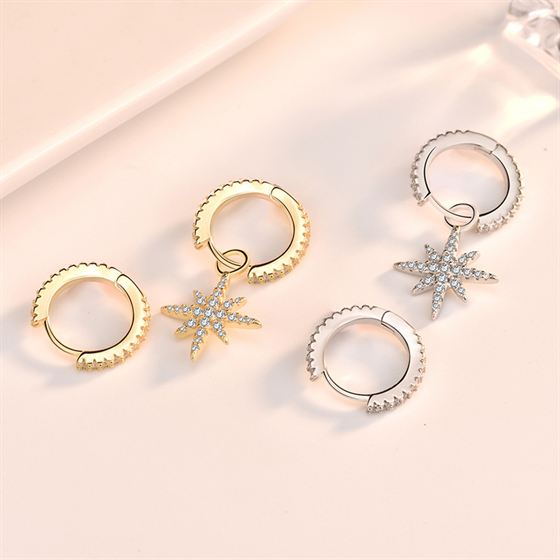 Asymmetry CZ Star Circle 925 Sterling Silver Leverback Earrings