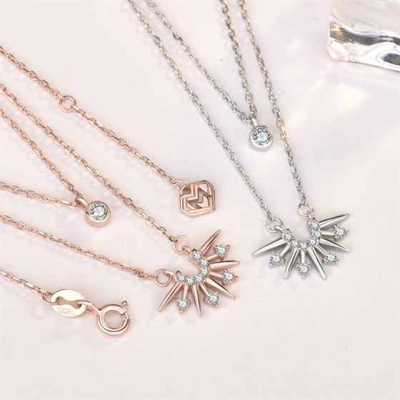 Party Double Layer CZ Sun 925 Sterling Silver Necklace