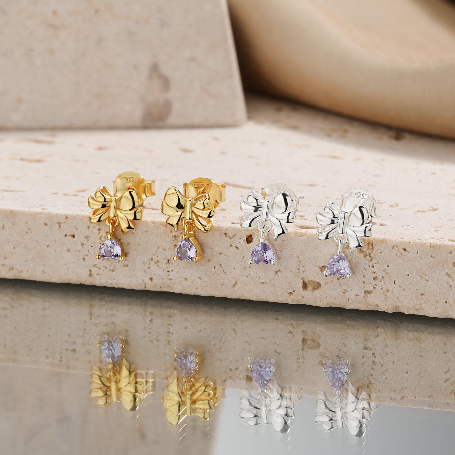 Sweet Bow-Knot with Heart CZ Drops 925 Sterling Silver Stud Earrings