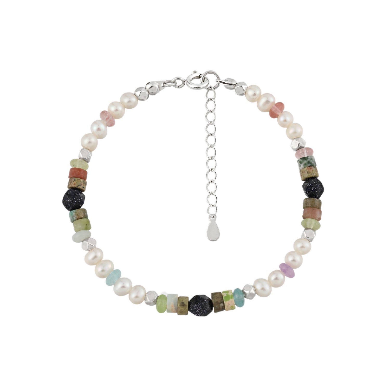 Girl Colorful Blue Sandstone Natural Pearl Gentle 925 Sterling Silver Bracelet